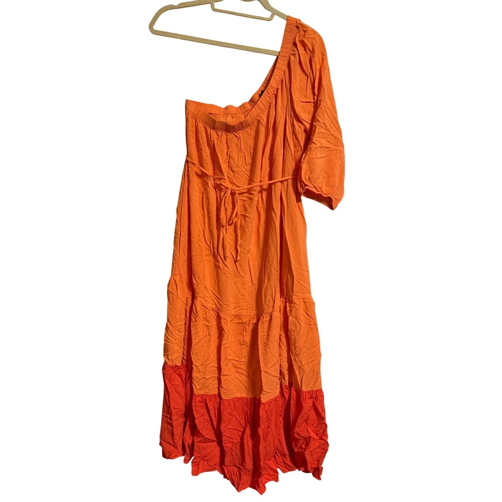 Scoop Womens One Shoulder Tiered Colorblock Midi Dress Orange Red Large